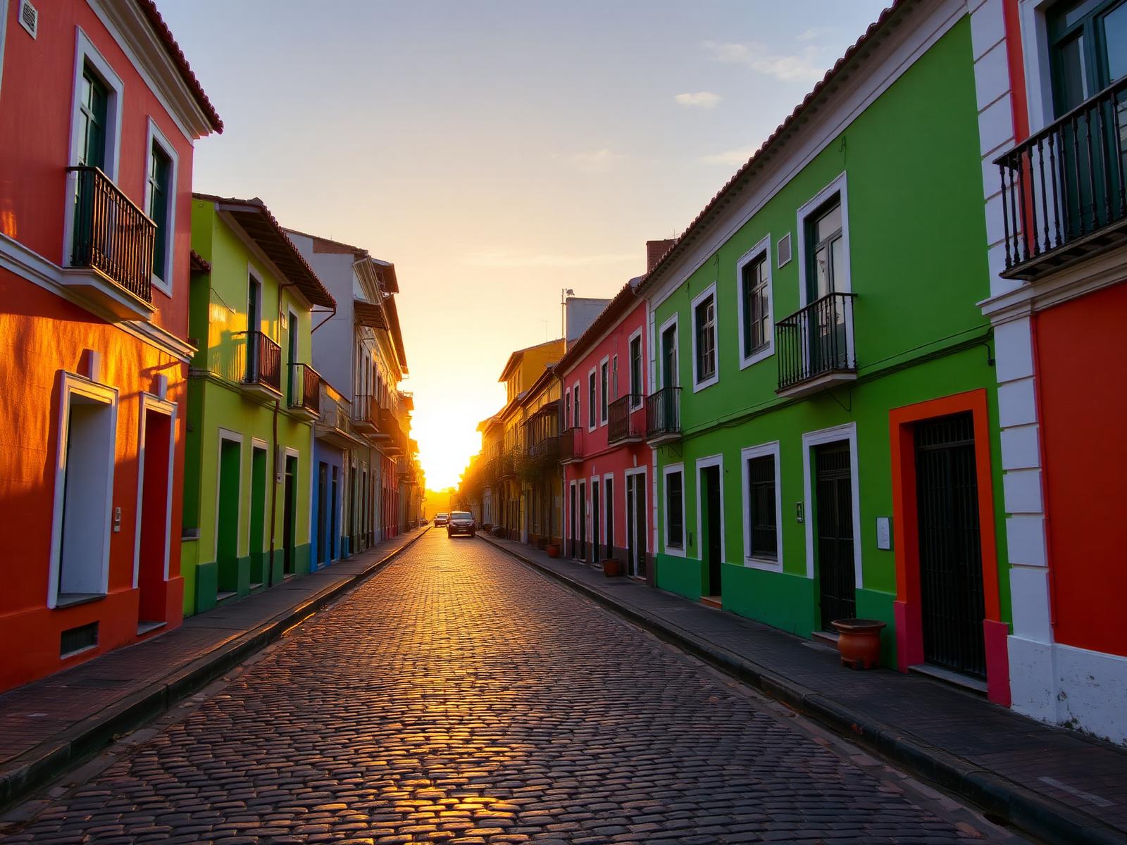 Colorful colonial street in Salvador de Bahia at golden hour