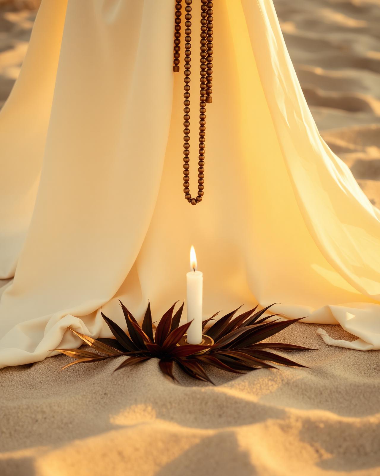 Silk fabric, brass beads and a candle on warm sand at golden hour