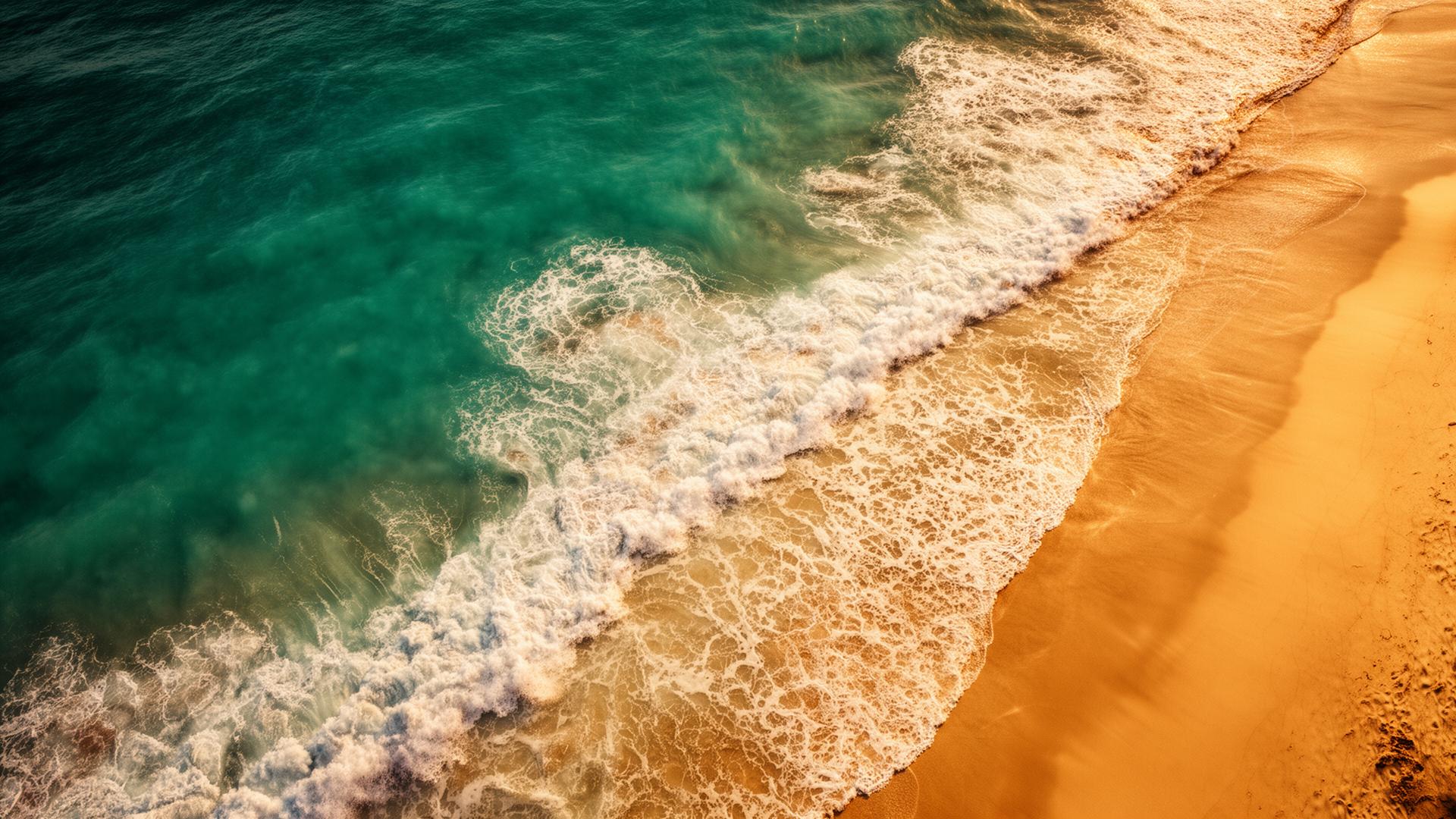 Aerial view of turquoise Atlantic waves meeting golden Bahia sand